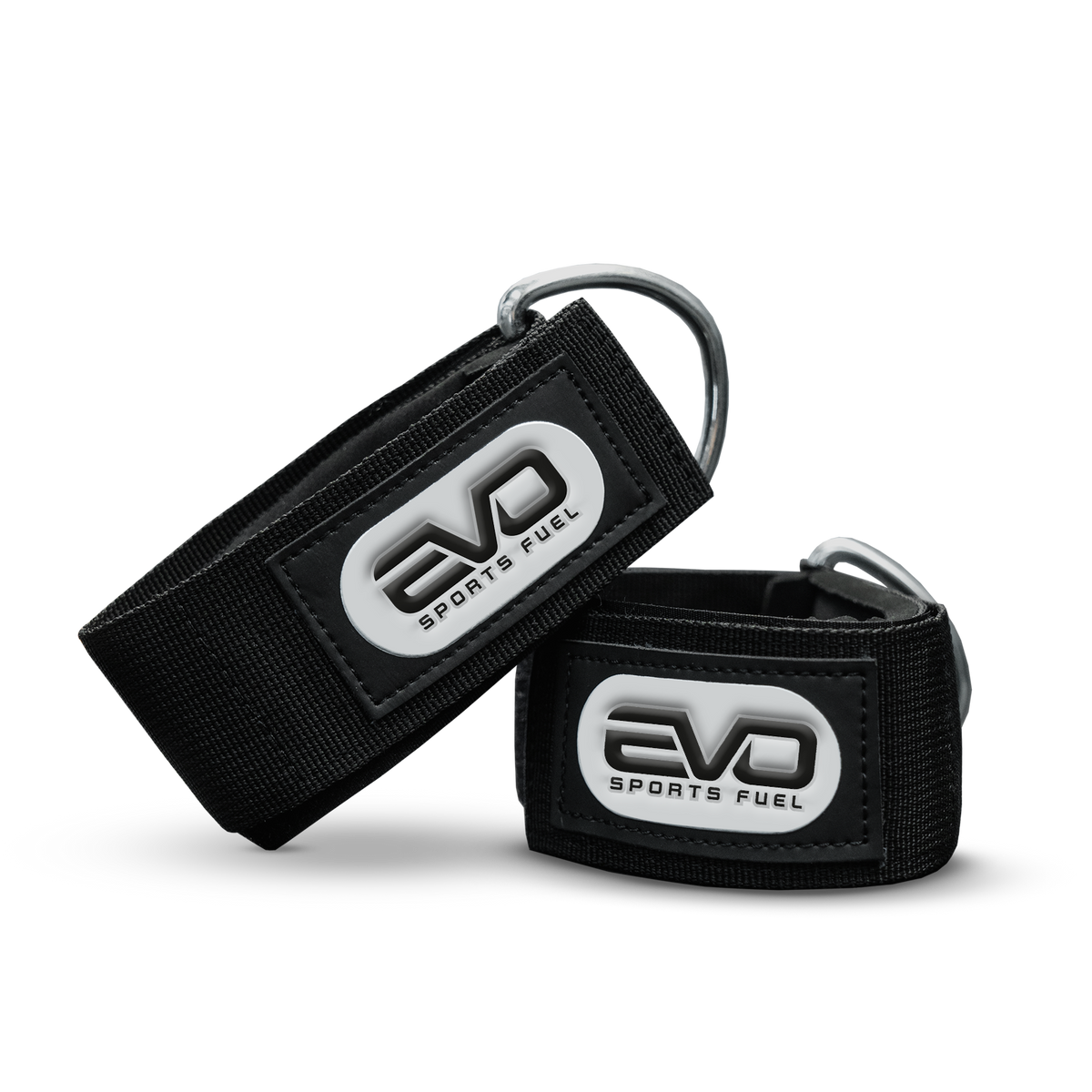 Produktabbildung der EVO SPORTS FUEL Hand Cuffs. Schwarze Textilschlaufen mit D-Ring und stylischen EVO SPORTS FUEL Logo
