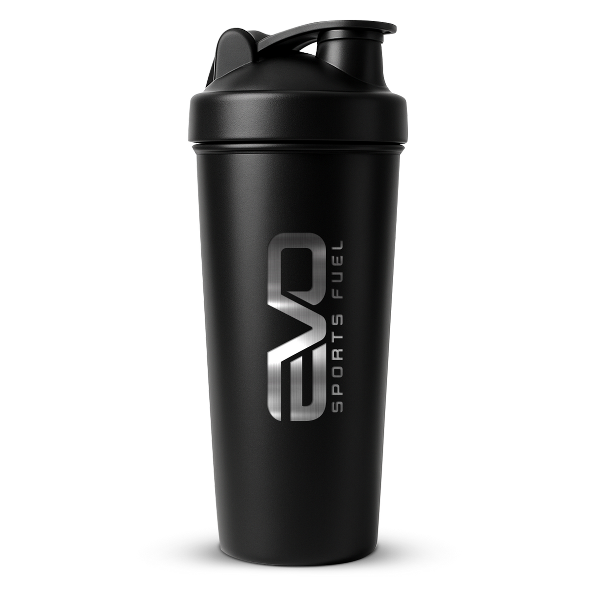 Schwarzer EVO Steel Shaker aus Edelstahl mit 700 ml Fassungsvermögen und EVO SPORTS FUEL