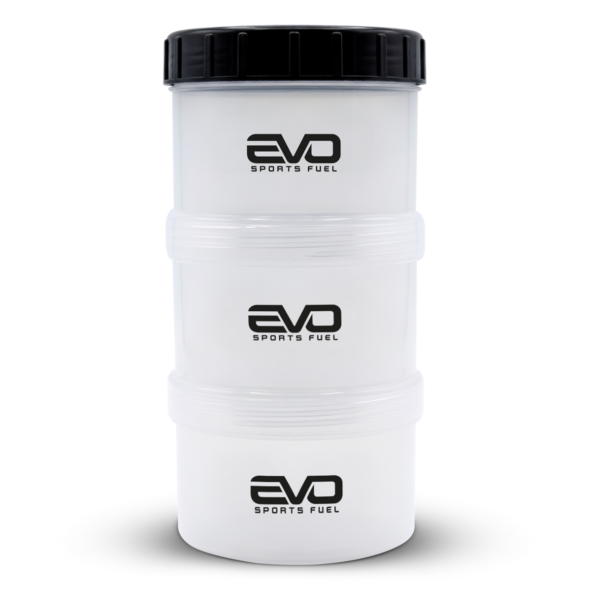 Gestapelte EVO Powder Storage Box mit drei verschraubbaren Fächern zur Aufbewahrung von Proteinpulver und Supplements