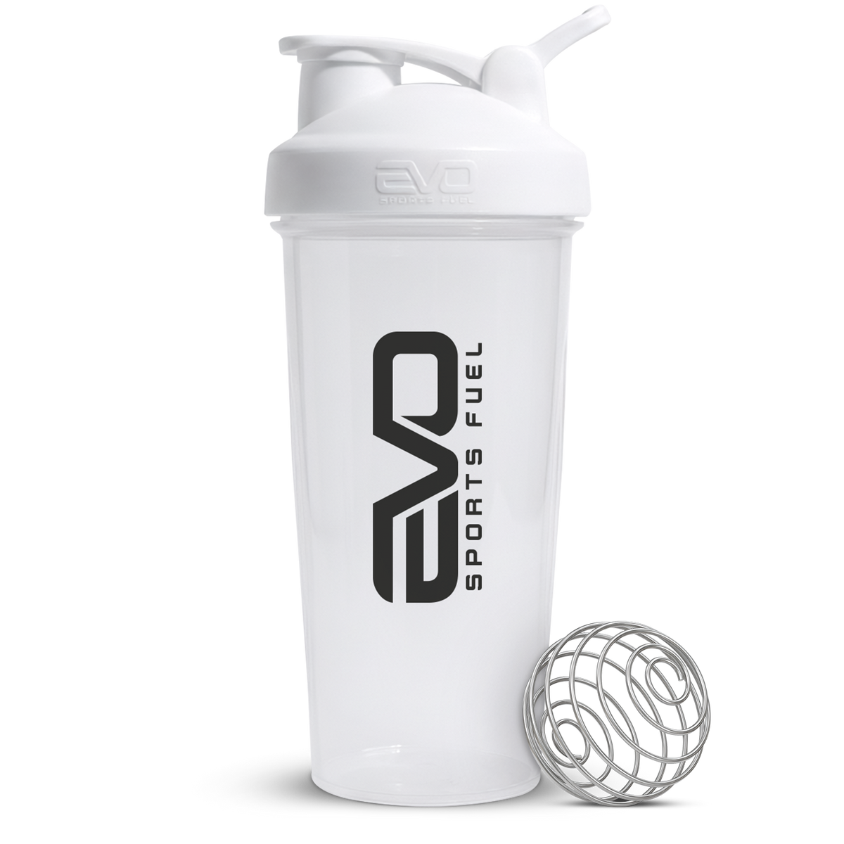 Transparenter EVO Flip Lid Shaker mit Flip-Deckel und Edelstahl-Mixball für klumpenfreie Proteinshakes